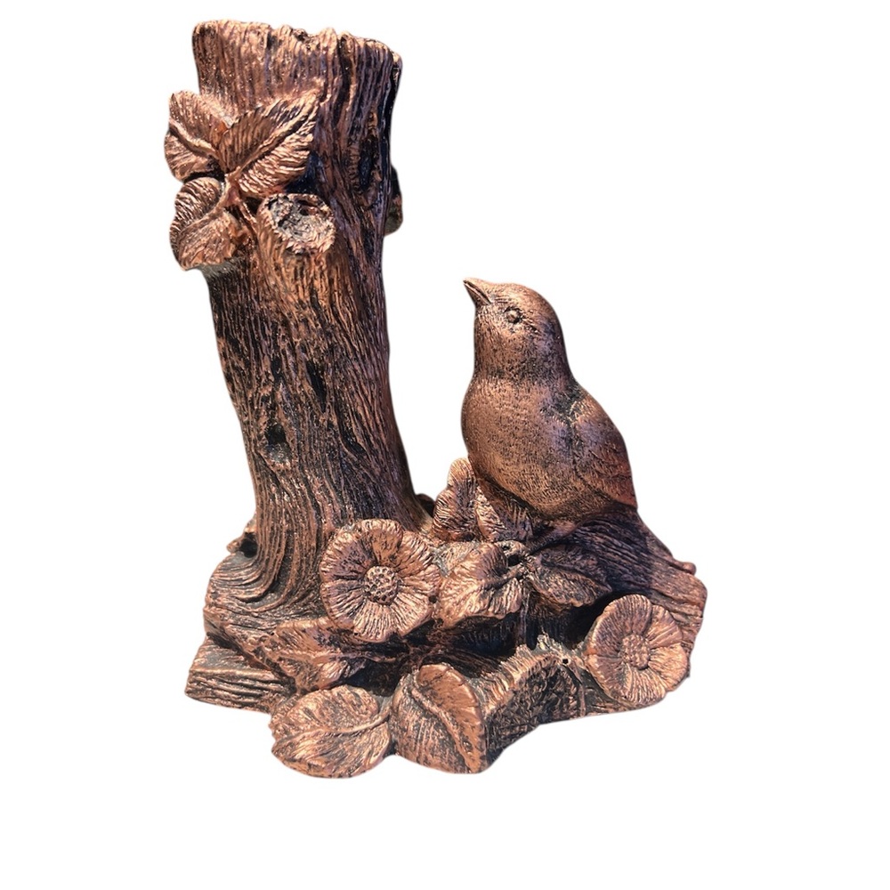 Vintage bird candlestick, tree trunk design coppercraft bronze & black resin